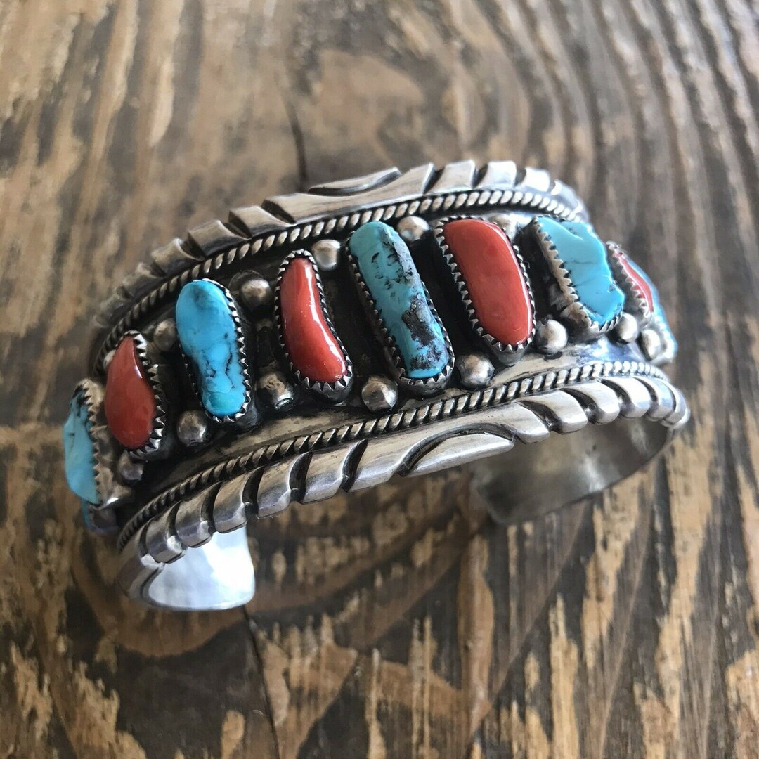 Vintage Turquoise & Natural Red Coral Sterling Silver Navajo Cuff ...