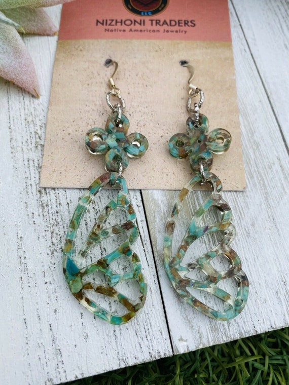 Navajo Turquoise & Resin Butterfly Wing Dangle Ea… - image 3