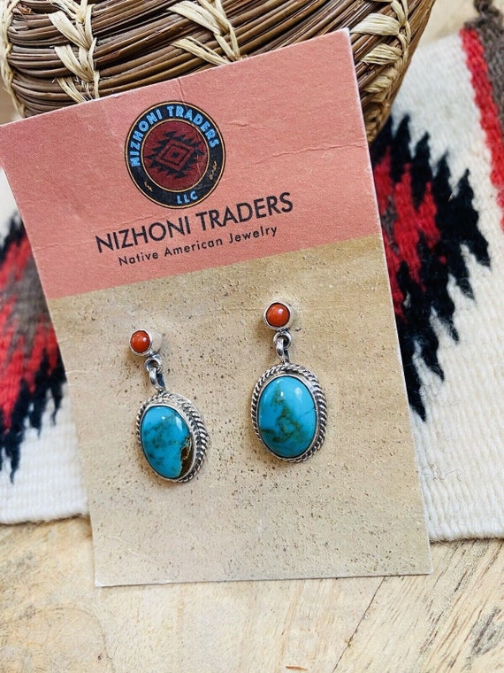 Navajo Turquoise, Coral & Sterling Silver Dangle … - image 4