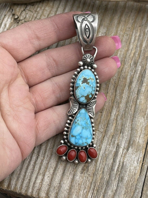 Navajo Sterling Kingman Web Turquoise & Red Coral… - image 8