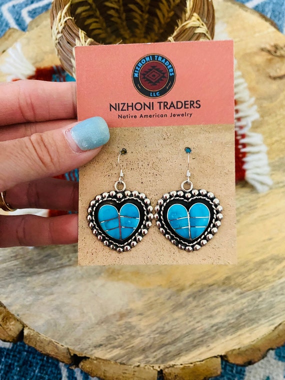 Zuni Sterling Silver & Turquoise Inlay Heart Dang… - image 4