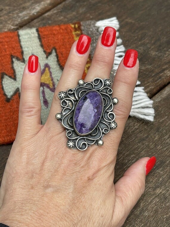 Navajo Charoite & Sterling Silver Size 8 Fancy Sw… - image 4