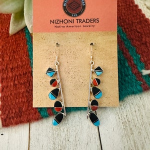 Navajo Multi Stone & Sterling Silver Inlay Dangle Earrings