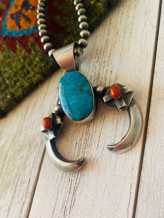 Navajo Sterling Silver, Turquoise & Coral Naja Pe… - image 5