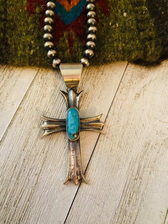 Navajo Sterling Silver Turquoise Cross Pendant by Chimney Butte