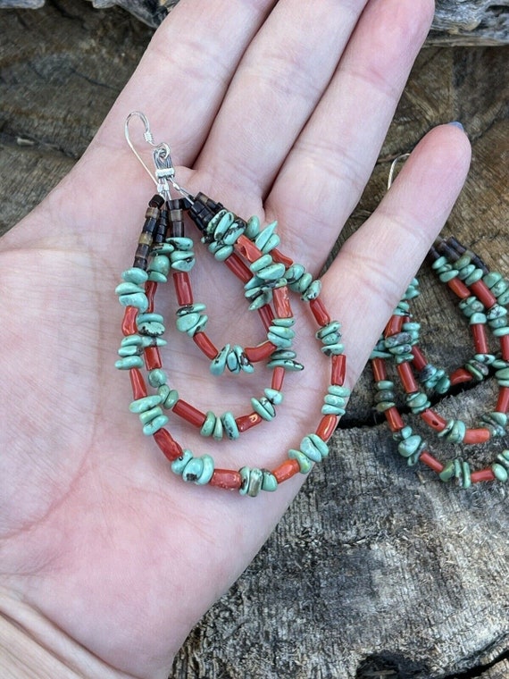 Navajo Heishi Bead Turquoise & Coral 3 Loop Dangl… - image 3