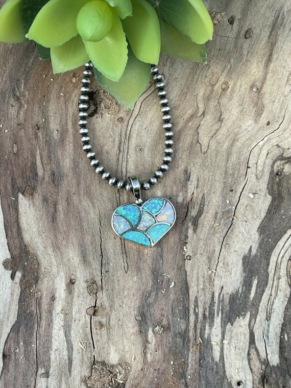 Zuni Iridescent Blue Opal & Sterling Silver Heart 