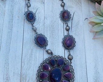 Vintage Navajo Purple Spiny Oyster & Sterling Silver Cluster Necklace Signed