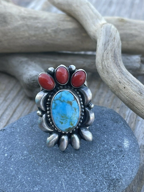 Navajo Sterling Kingman Web Turquoise & Red Coral… - image 1