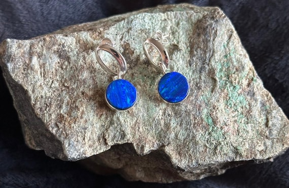 Dark Blue Opal Dangle Sterling Silver Earrings - image 2
