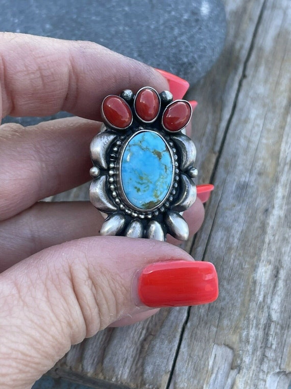 Navajo Sterling Kingman Web Turquoise & Red Coral… - image 9