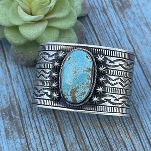Navajo Handmade Sterling & Number 8 Turquoise Signed Cuff Signed Danny Clark