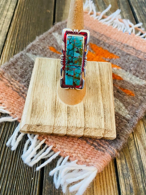 Navajo Sterling Silver & Turquoise Inlay Ring Siz… - image 2