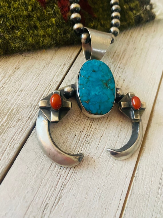 Navajo Sterling Silver, Turquoise & Coral Naja Pe… - image 3