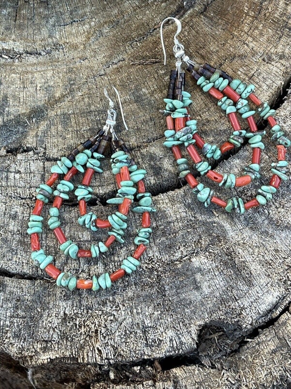 Navajo Heishi Bead Turquoise & Coral 3 Loop Dangl… - image 7