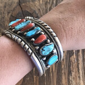 Vintage Turquoise & Natural Red Coral Sterling Silver Navajo Cuff ...