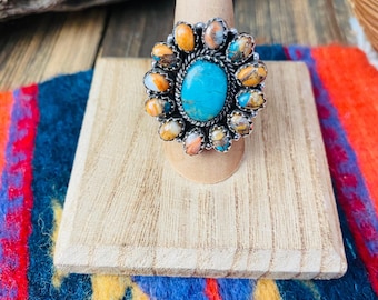 Handmade Sterling Silver, Spice & Turquoise Cluster Adjustable Ring