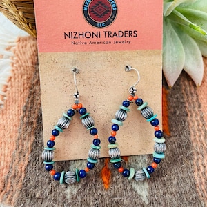 Handmade Turquoise, Coral, Lapis And Sterling Silver Beaded Dangle Earrings