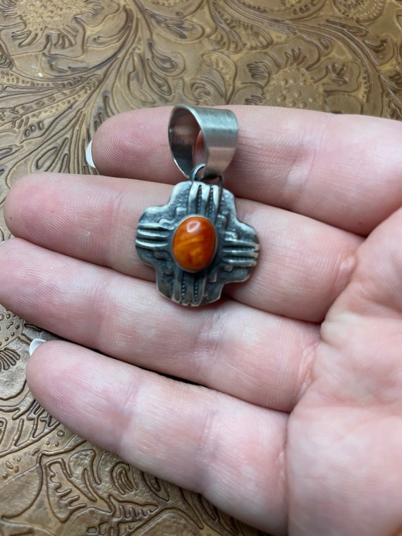 Navajo Sterling Silver Orange Spiny Pendant By Ch… - image 4