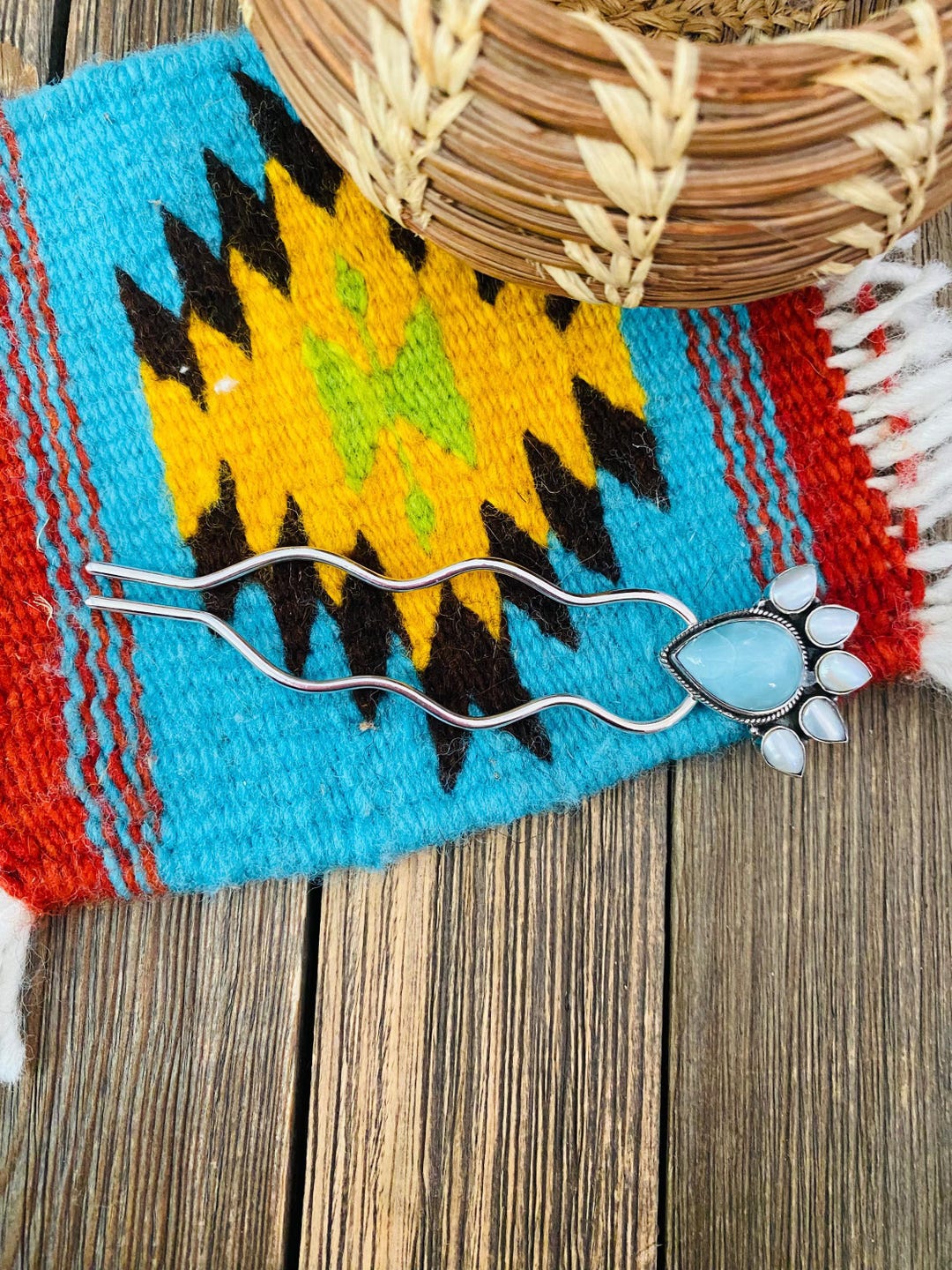 Handmade Larimar, Pearl & Sterling Silver Hair Pin - Etsy display picture 1