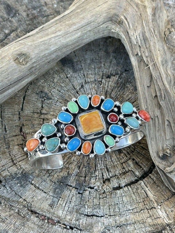 Navajo Multi Stone Sterling Silver Cluster Colorfu