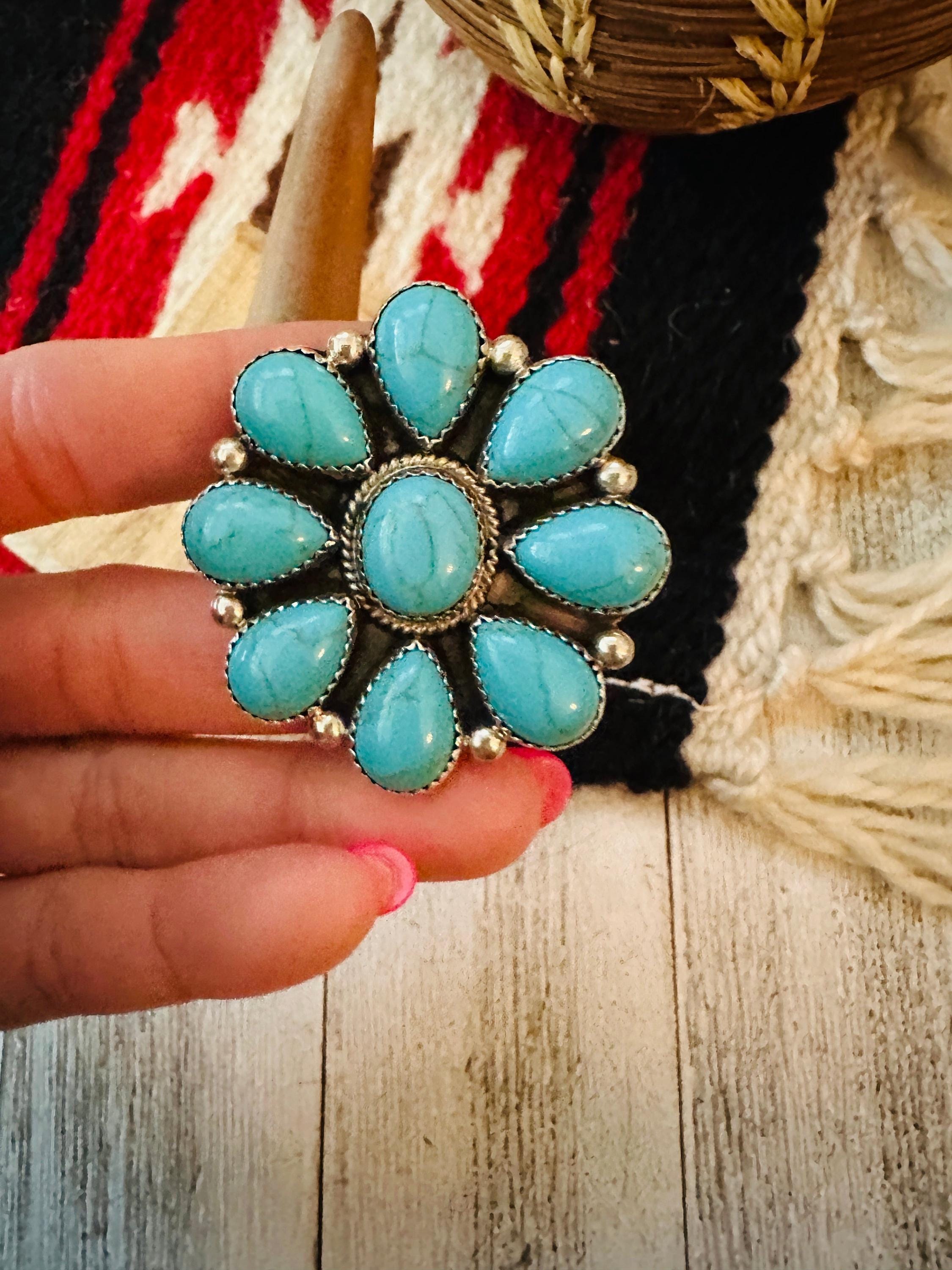 Handcrafted Sterling Silver & Kingman Turquoise Cluster Ring Size 8 - Etsy