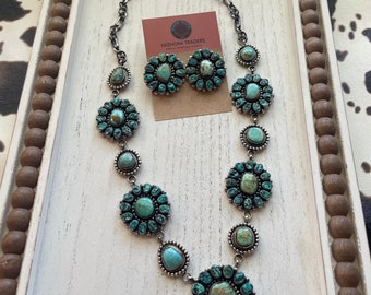 B Yellowstone Navajo Sterling Silver Turquoise Necklace & Earring Set Signed