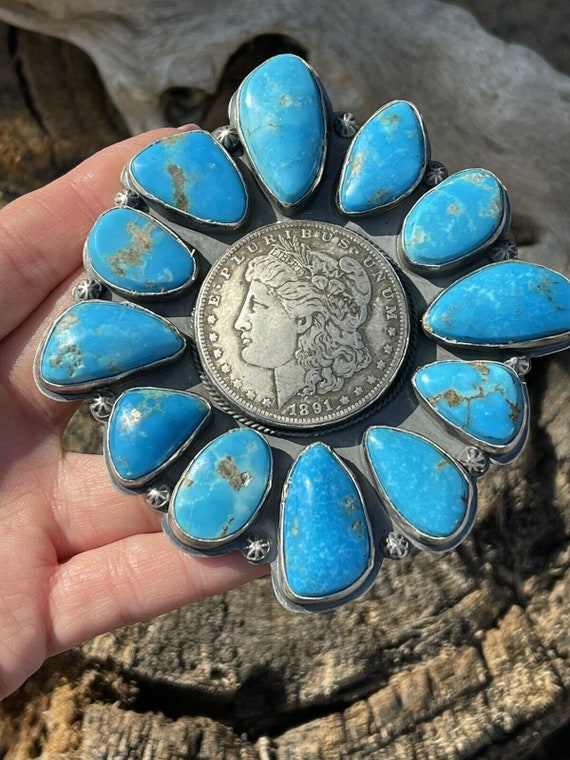 Gorgeous Navajo Sterling Silver Coin & Kingman Tu… - image 4