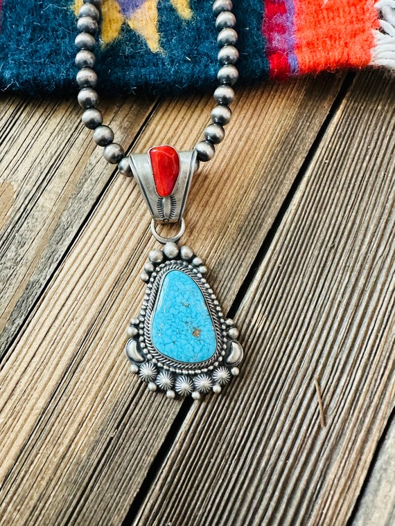 Navajo Sterling Silver, Turquoise & Coral Beaded … - image 2