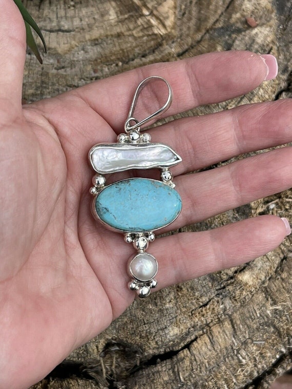 Turquoise & Mother Of Pearl Sterling Silver Navaj… - image 4