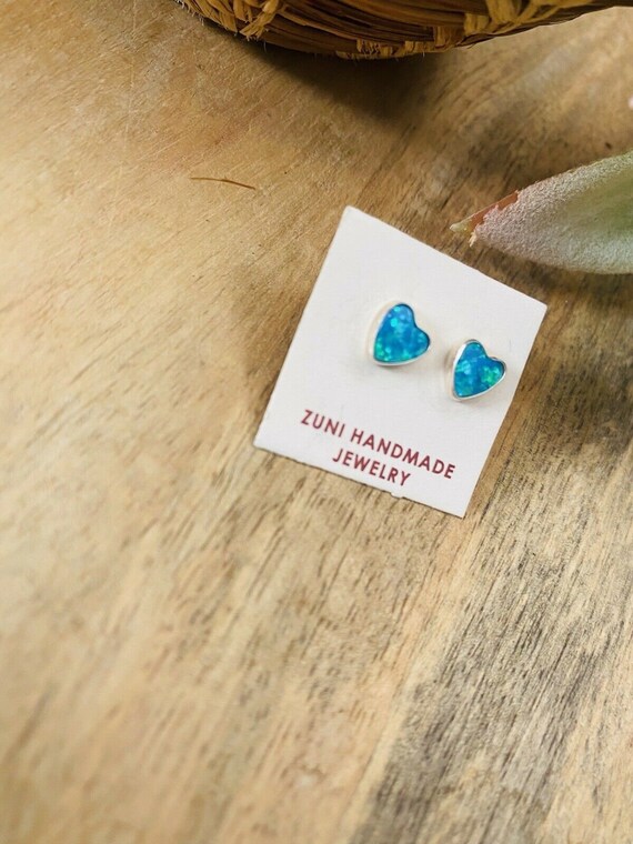 Zuni Blue Opal & Sterling Silver Heart Stud Earri… - image 3