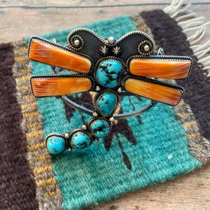 Navajo Kingman Turquoise, Spiny & Sterling Silver Butterfly Cuff Bracelet Signed Kevin Billah