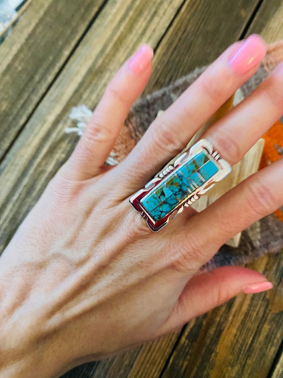 Navajo Sterling Silver & Turquoise Inlay Ring Siz… - image 5