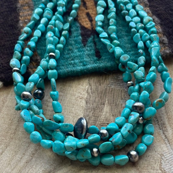Navajo Turquoise & Sterling Silver 5 Strand Beade… - image 2