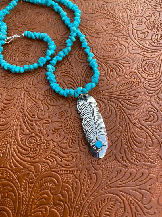 Navajo Kingman Turquoise & Sterling Silver Feathe… - image 1