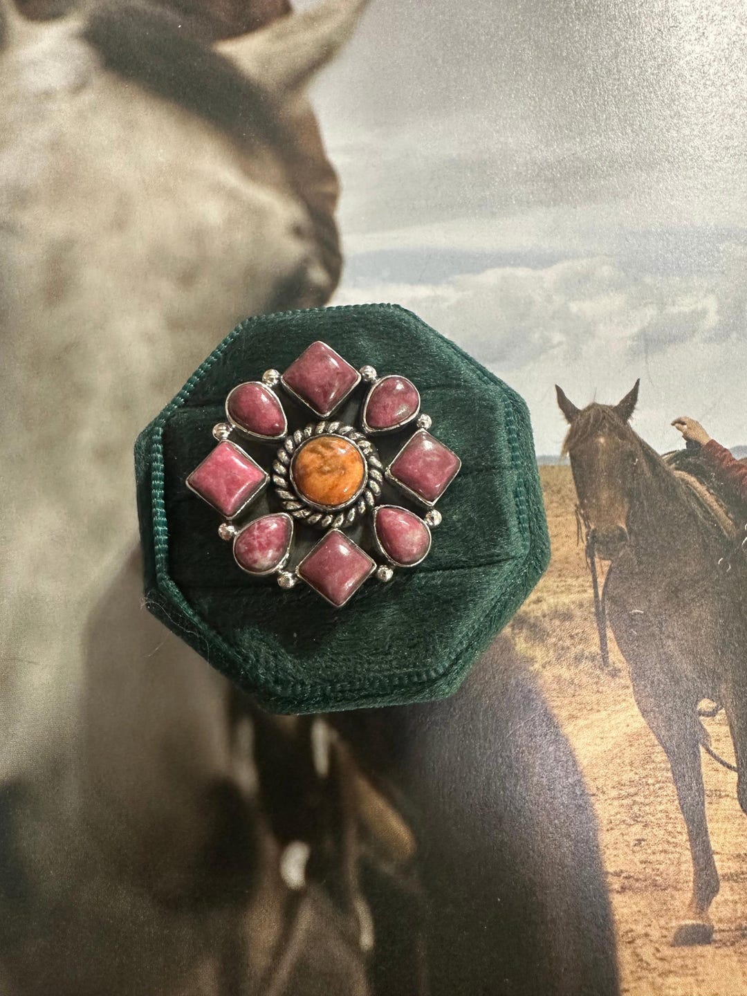 Handmade Rhodonite, Orange Mojave and Sterling Silver Adjustable Ring ...