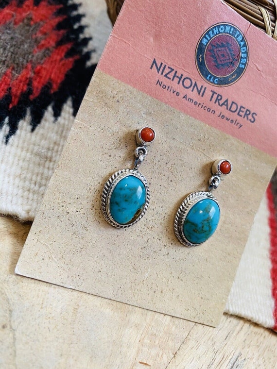 Navajo Turquoise, Coral & Sterling Silver Dangle … - image 3