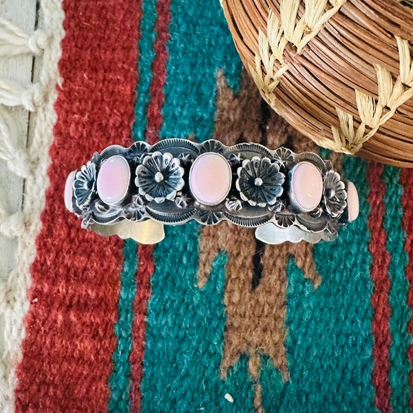 Navajo Queen Pink Conch & Sterling Silver Flower Cuff Bracelet