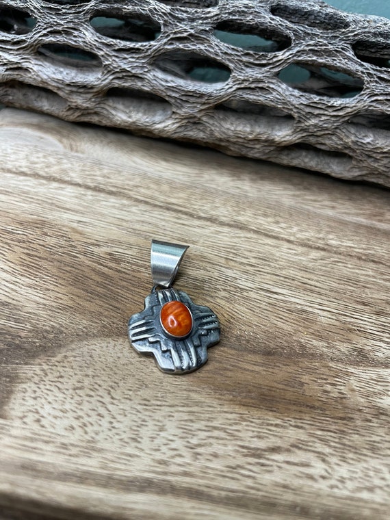 Navajo Sterling Silver Orange Spiny Pendant By Ch… - image 5