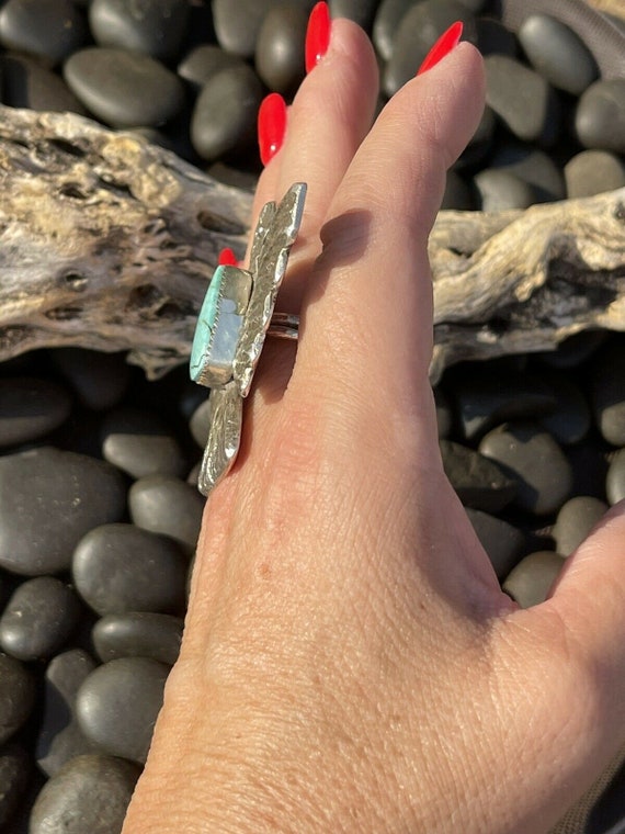 Navajo Turquoise Sterling Tufa Cast Thund Ring Si… - image 5