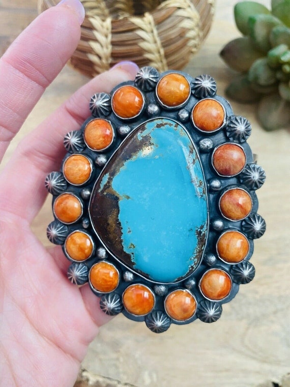 Navajo Orange Spiny, Turquoise & Sterling Silver … - image 6