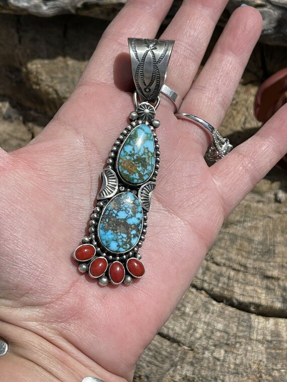 Navajo Sterling Kingman Web Turquoise & Red Coral… - image 6