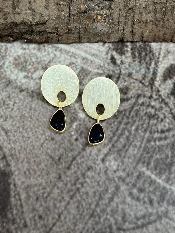 Boucles D'oreilles Anciennes En Onyx Et Cristal Plaqué Or - Tige Argent - Style Vintage