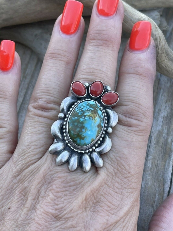 Navajo Sterling Kingman Web Turquoise & Red Coral… - image 7