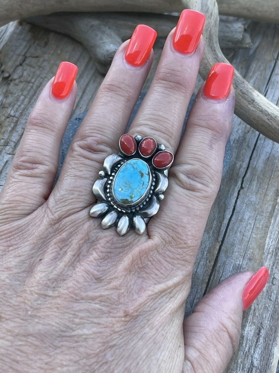 Navajo Sterling Kingman Web Turquoise & Red Coral… - image 7