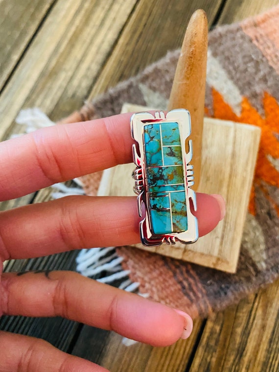 Navajo Sterling Silver & Turquoise Inlay Ring Siz… - image 7