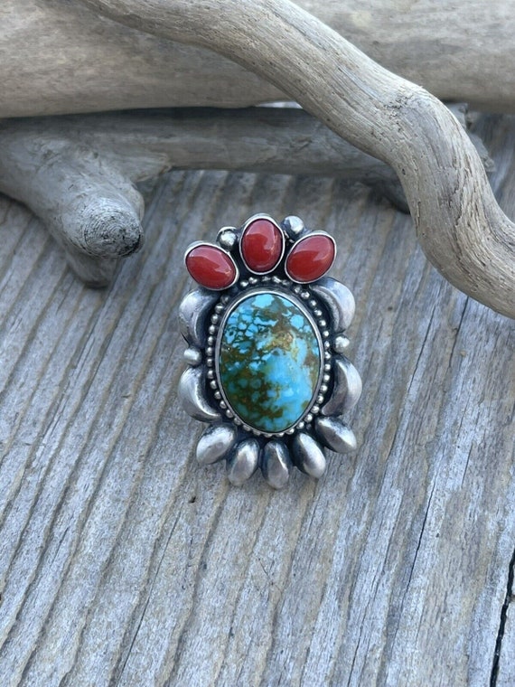 Navajo Sterling Kingman Web Turquoise & Red Coral… - image 3