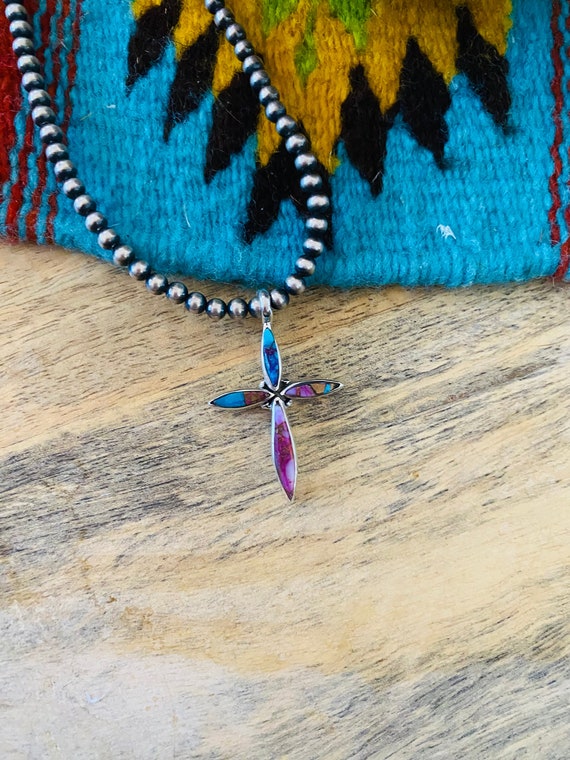 Navajo Sterling Silver & Pink Dream Cross Pendant - image 1