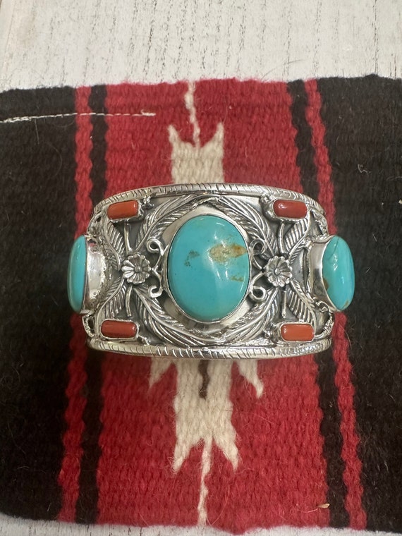Handmade Sterling Silver, Turquoise & Coral Cuff … - image 1