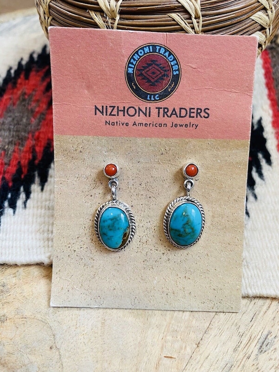 Navajo Turquoise, Coral & Sterling Silver Dangle … - image 1
